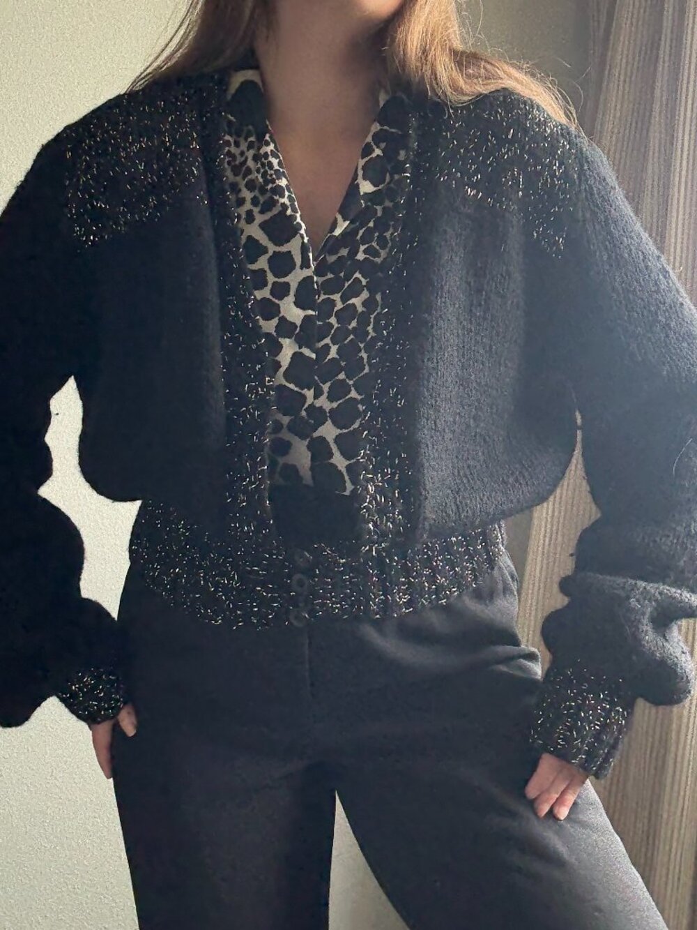 Vintage 80s Black Silver Metallic Slouchy Chunky Cardigan Sweater | M/L
